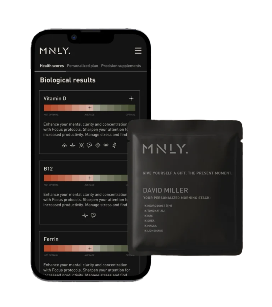 MNLY phone app and pouch of supplements