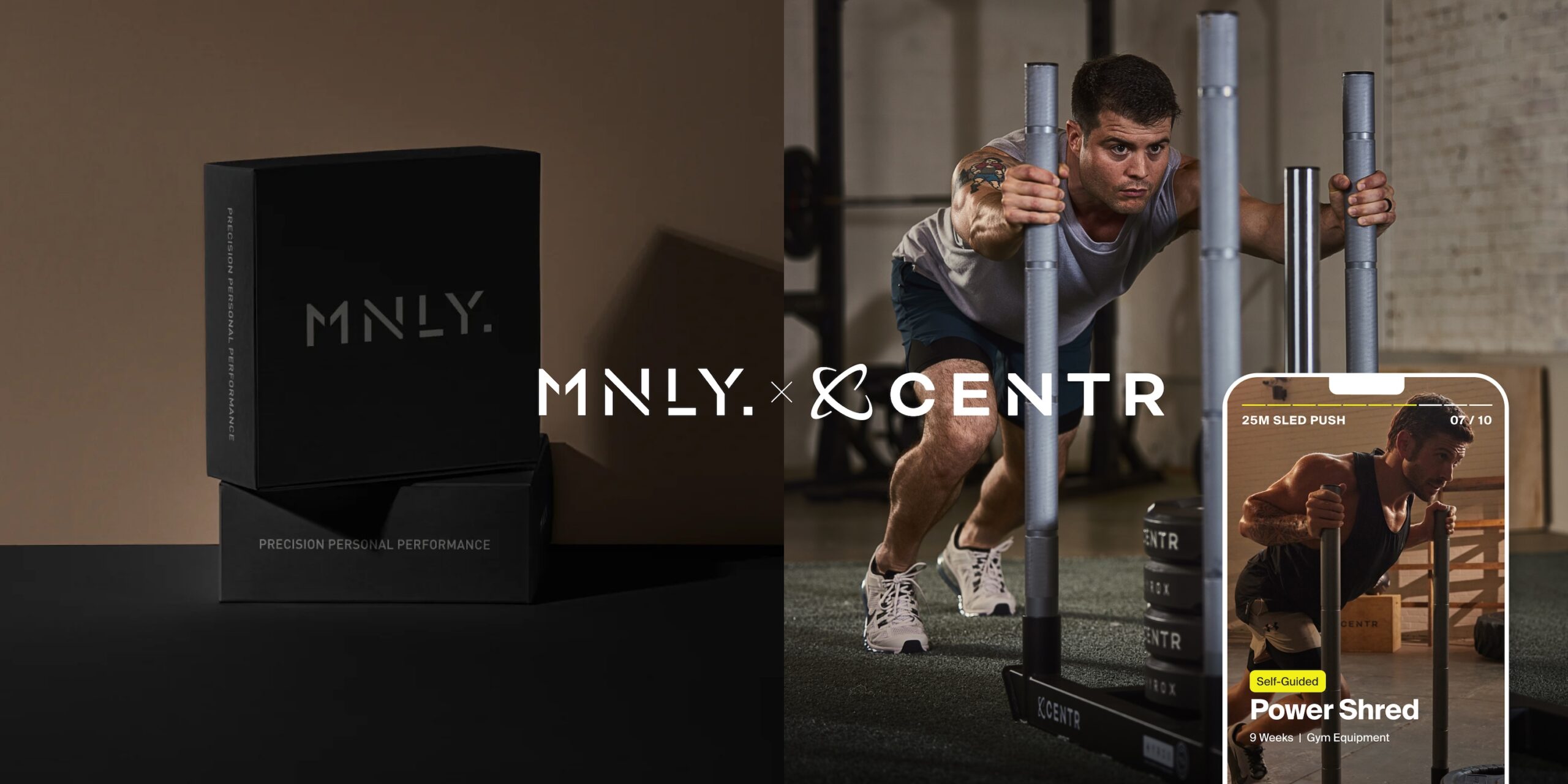 MNLY product boxes next to man doing a sled push and Centr App