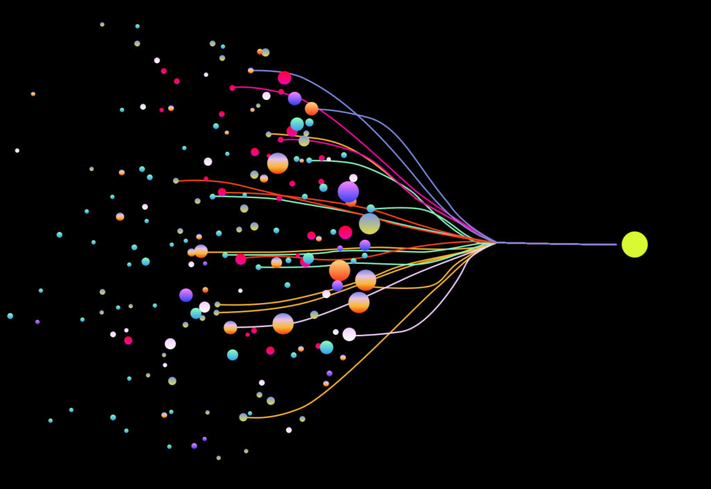 Illustruation showing many small circles connecting and merging into one large circle to represent the various pieces of healthcare converging with the help of AI