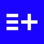Enhanced Games logo, three white horizontal lines and a plus sign on a bright blue background