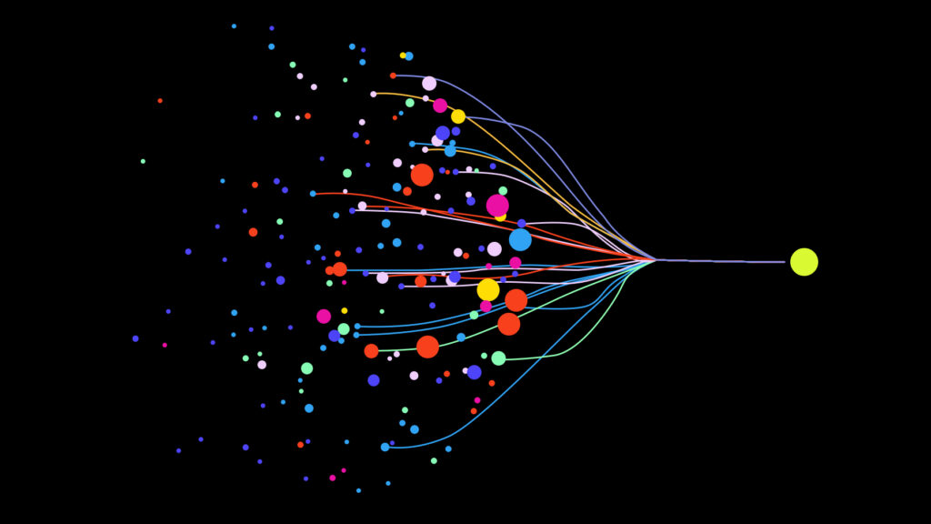 Illustruation showing many small circles connecting and merging into one large circle to represent the various pieces of healthcare converging with the help of AI