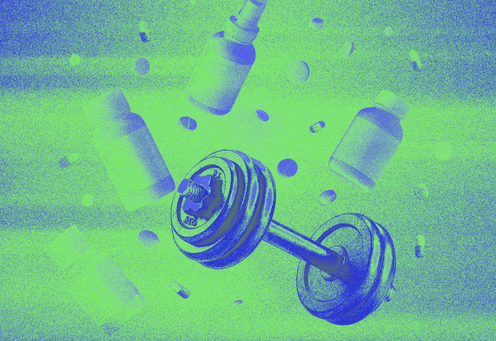 Graphic illustration of a dumbbell and medicine bottles