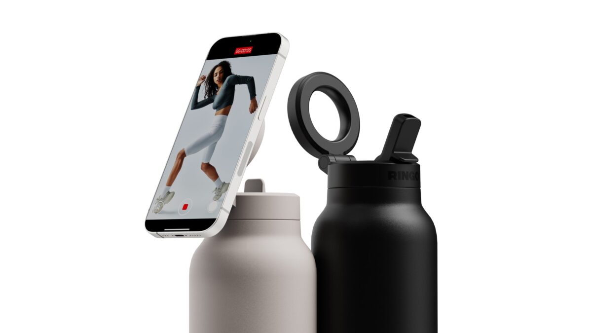 Two water bottles with a Ringo phone-attaching accessory
