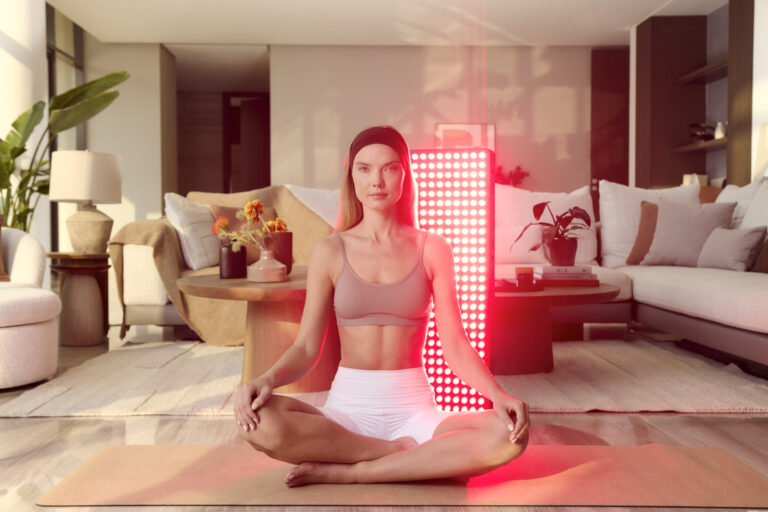 Woman sitting cross-legged in a living room using red light therapy