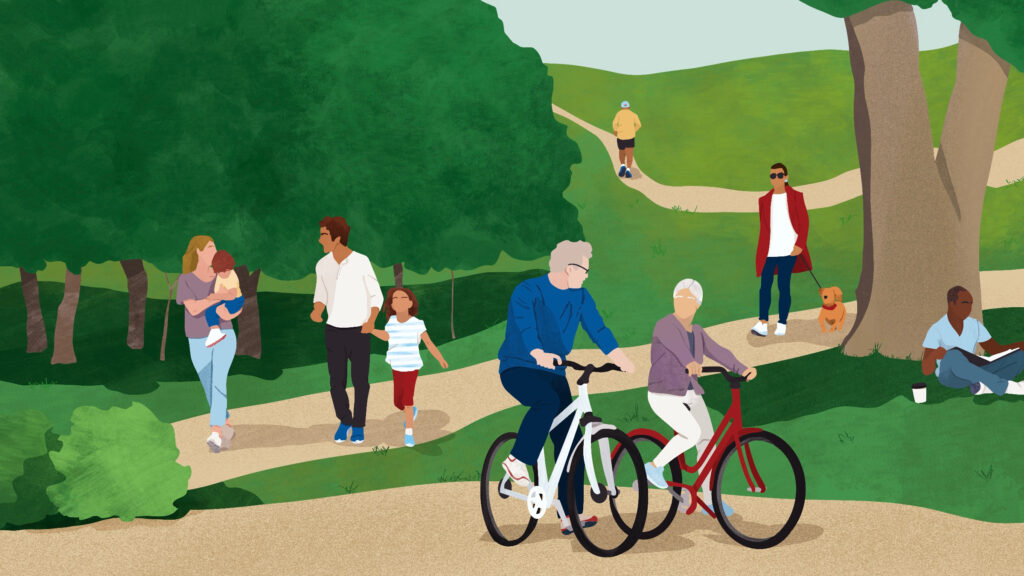 Graphic illustration of people strolling and biking through a park