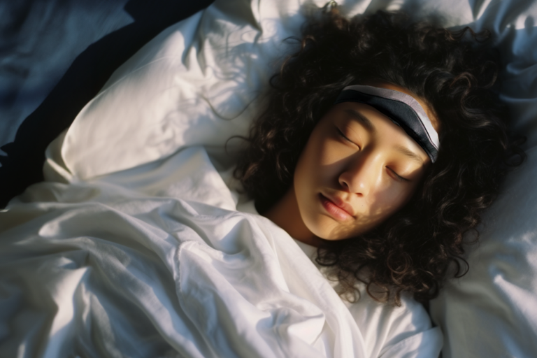A woman sleeping in bed wearing a somnee neurotech headband on her forehead