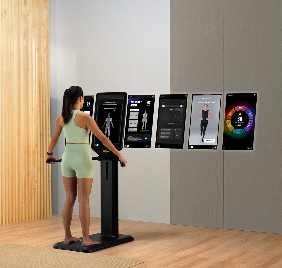 Computer-generated model of a woman using a screen for fitness analysis