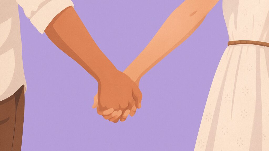 Illustration of man and woman holding hands