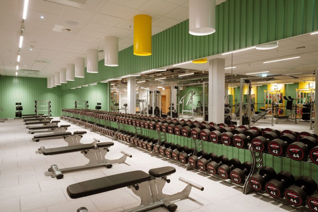 Free weight section of a fitness gym