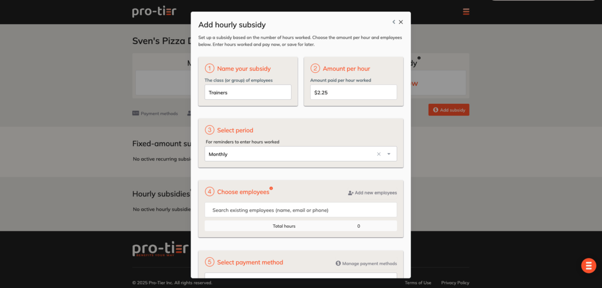 Screenshot of Pro-Tier's platform to add a subsidary