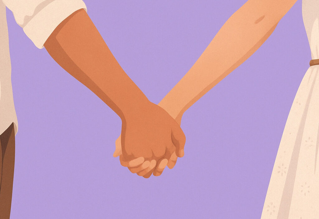 Illustration of man and woman holding hands