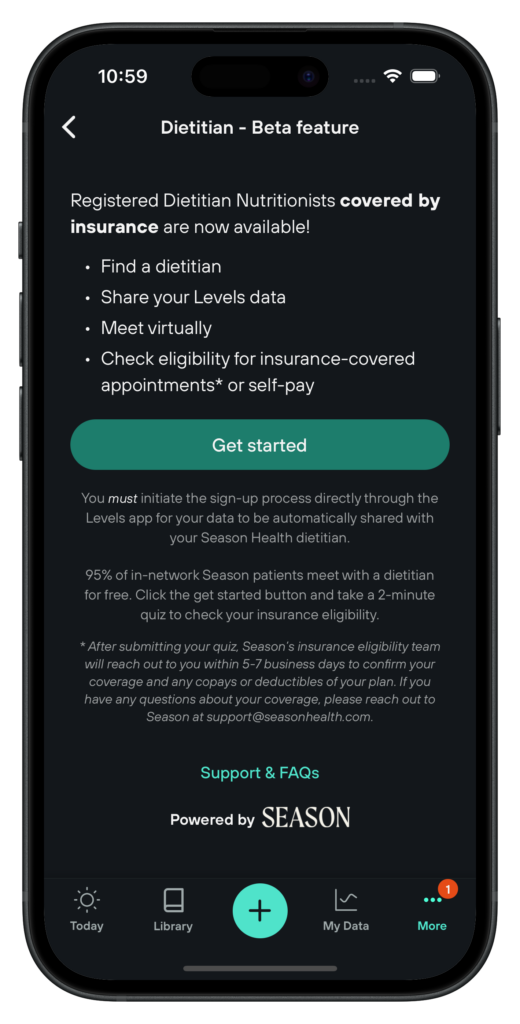 Phone screenshot of a dietician app in its beta version