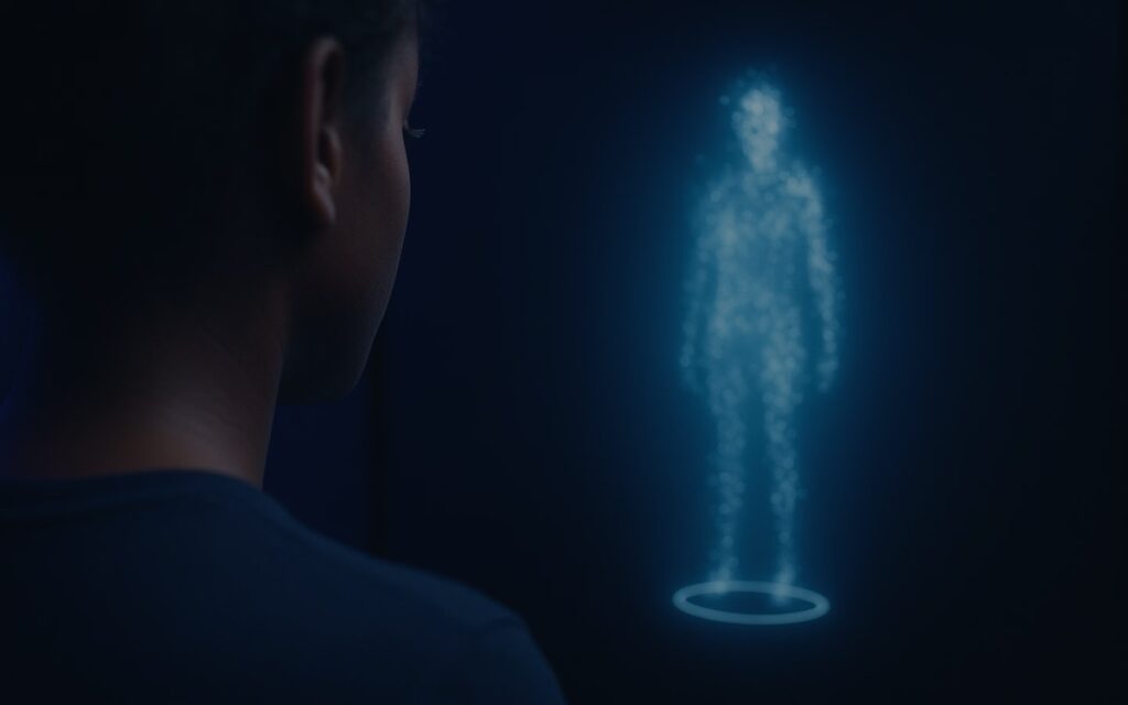 A male is looking at a hologram of a body