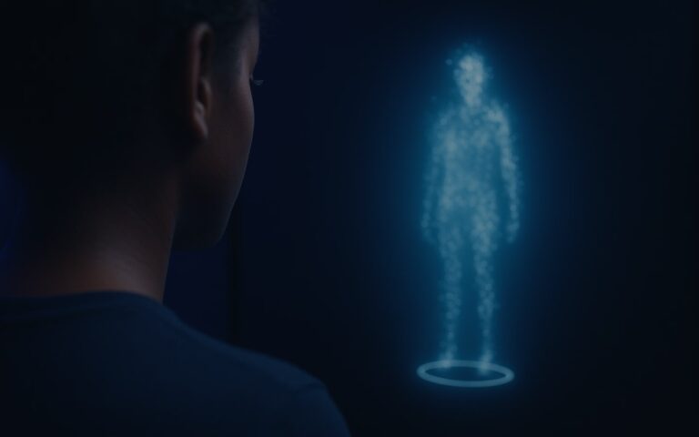 A male is looking at a hologram of a body
