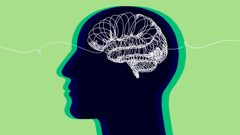 A graphic illustration of a slinky inside a skull
