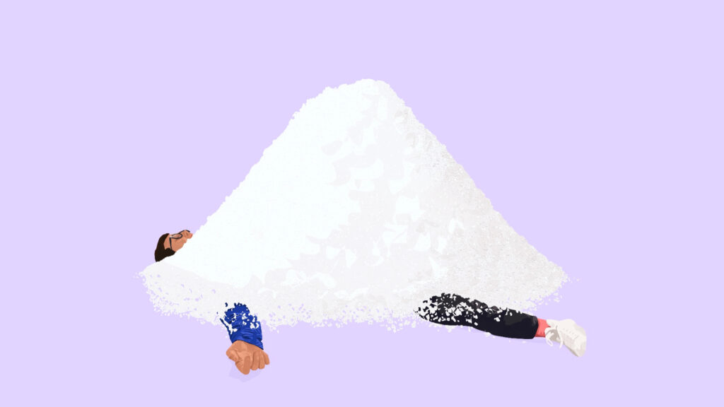 Graphic illustration of a man buried underneath powdered supplement