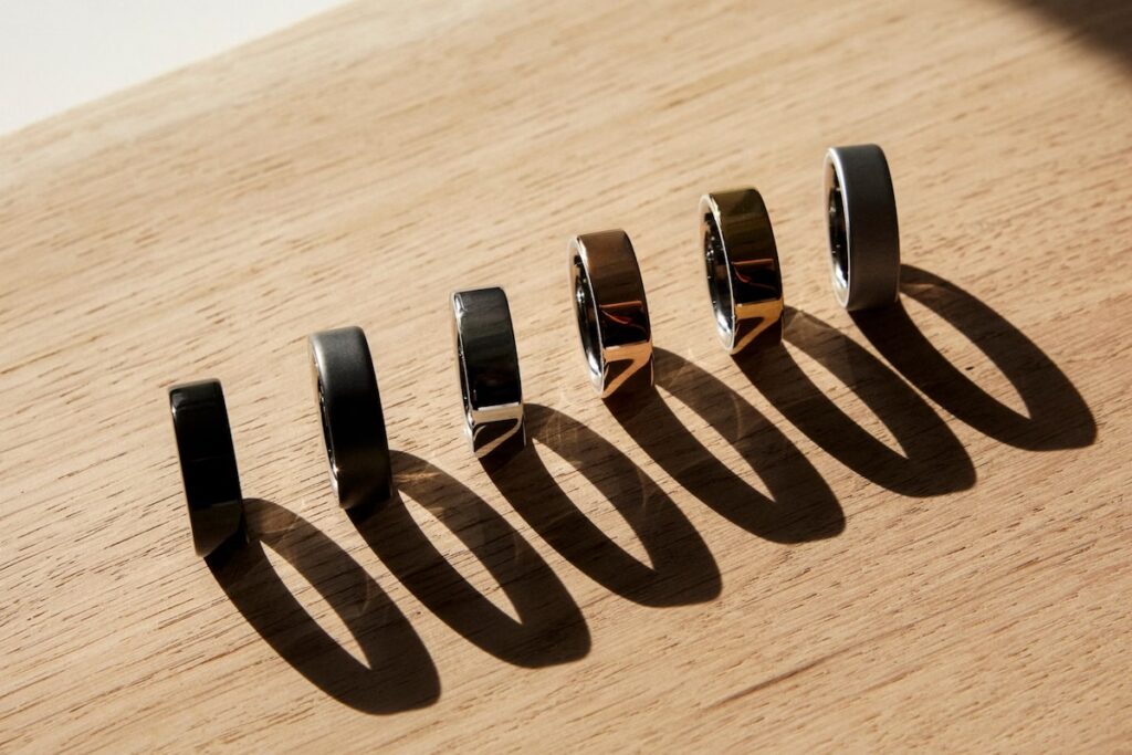 Line of Oura rings on a table