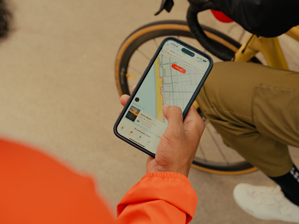 Cycling route displayed on a map on a phone