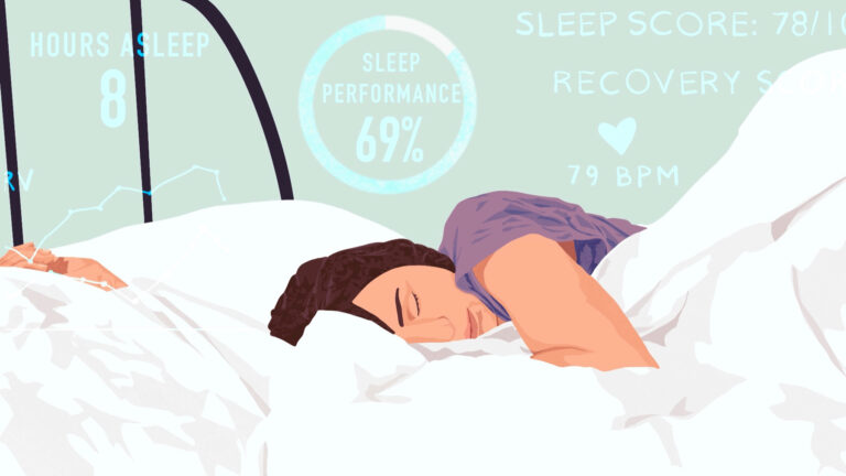 Graphic illustration of sleep metrics overlayed on a person sleeping in bed