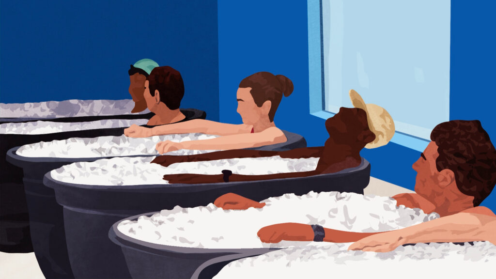 Graphic illustration of a row of people in cold plunges