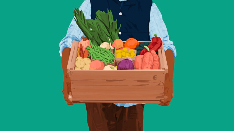 Graphic illustration of a man holding a box of produce