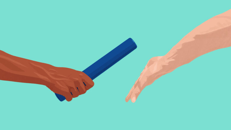 Graphic illustration of one hand passing a baton to another