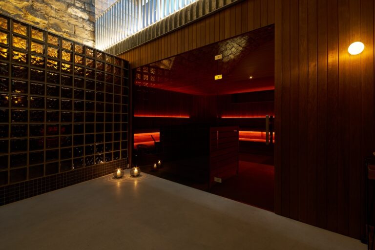 Entryway to KEEN's red light sauna