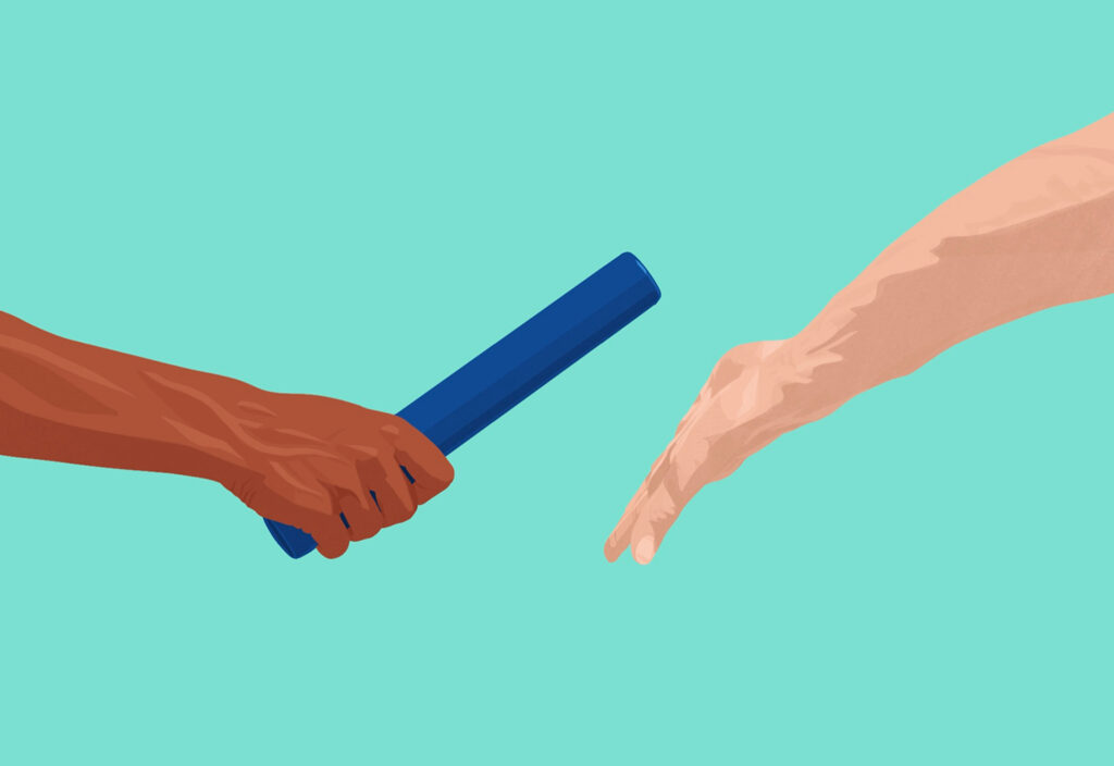 Graphic illustration of one hand passing a baton to another