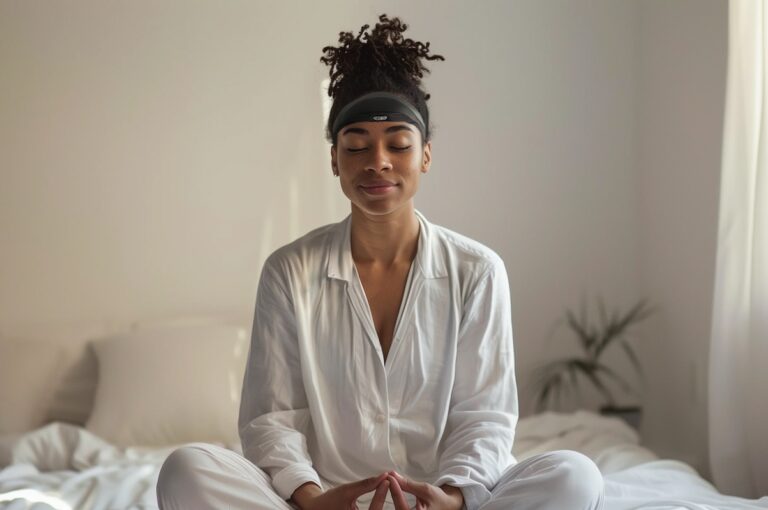 A woman in pajamas using a Somnee headband to meditate