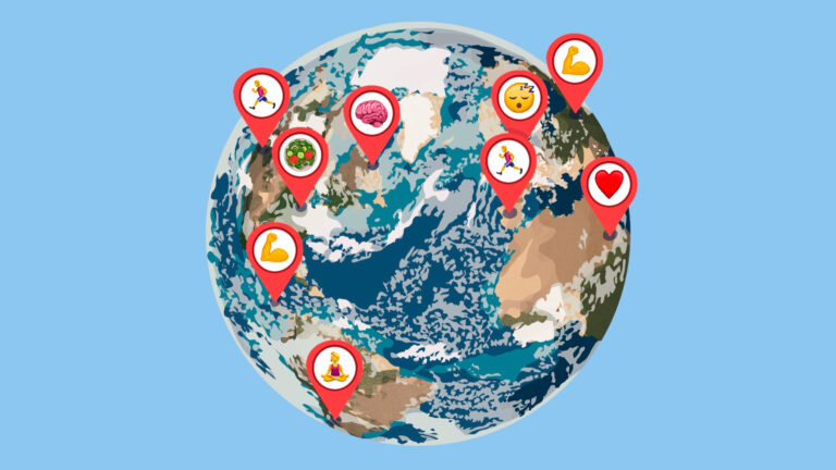 A graphic image of planet earth with geotags on it