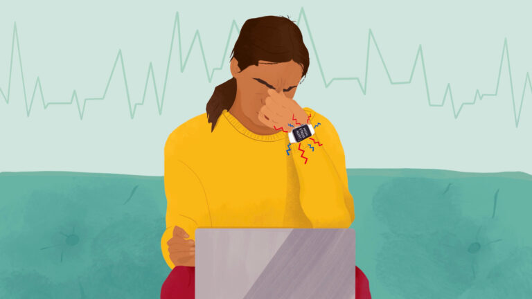 Graphic illustration of a woman at her laptop with a smart watch that's buzzing