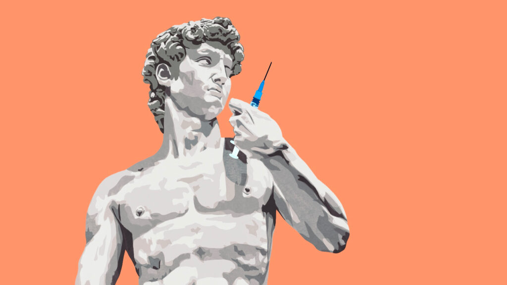 Graphic illustration of the David sculpture holding a syringe