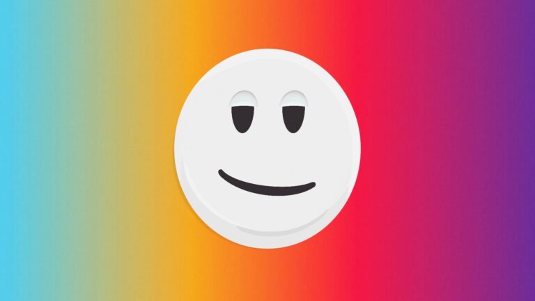 Graphic illustration of a smirking face on a rainbow background