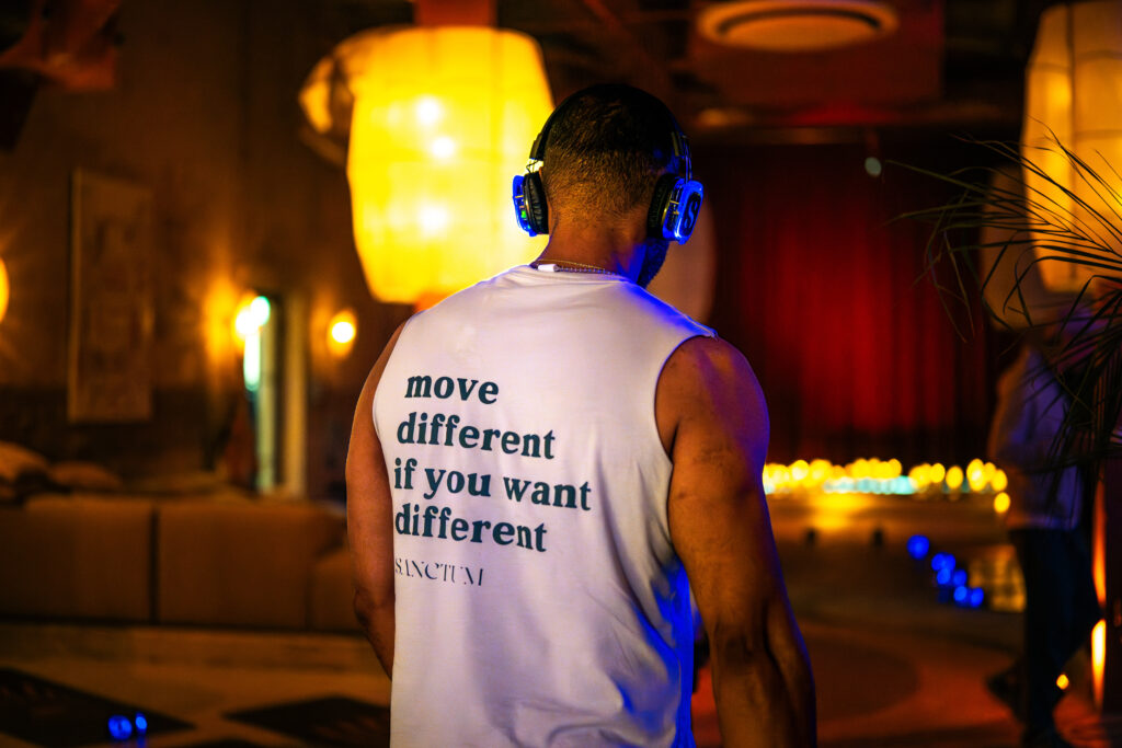 A man wearing a shirt that says 