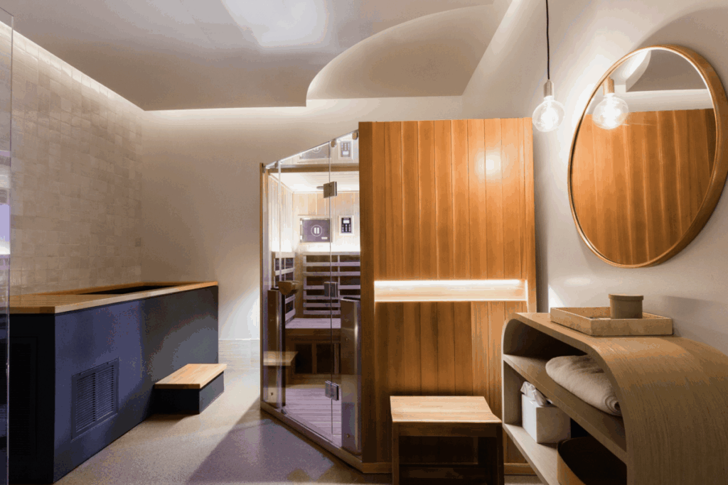Contrast therapy suite including cold plunge bath and suna