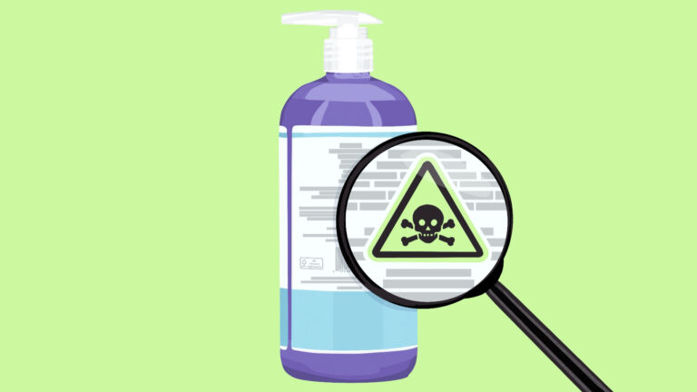 Graphic illustration of a magnifying glass zooming in on toxic ingredients