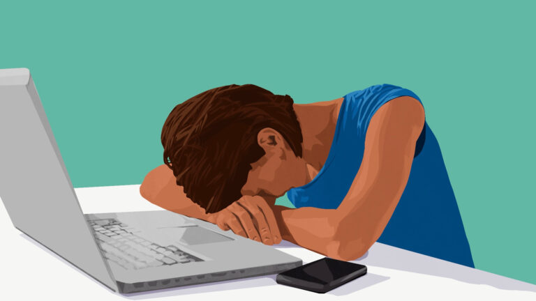 Graphic illustration of a person head down, tired at their laptop