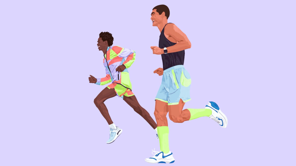 Graphic illustration of two people running