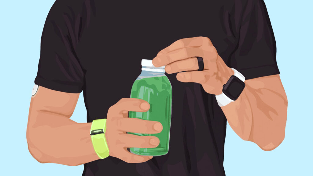 Graphic illustration of a wellness consumer with wearables holding a green juice