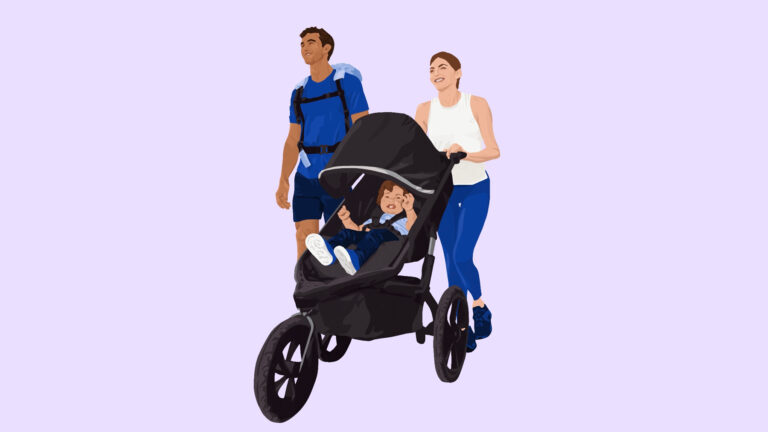 Graphic illustration of a man and woman pushing a baby in a carriage