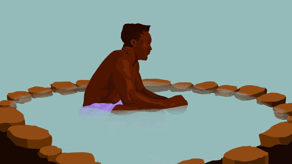 Graphic illustration of a man sitting in a hot spring