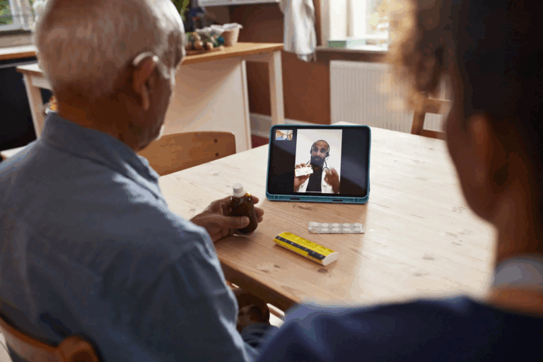 Elderly man meeting with a doctor via telehealth