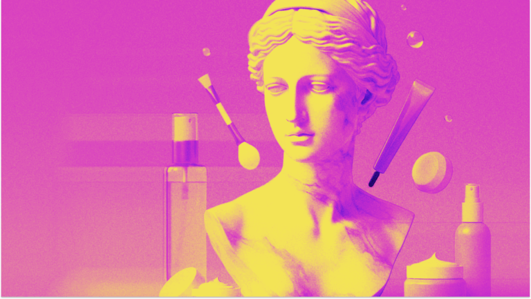 Graphic illustration of a female bust with beauty tools
