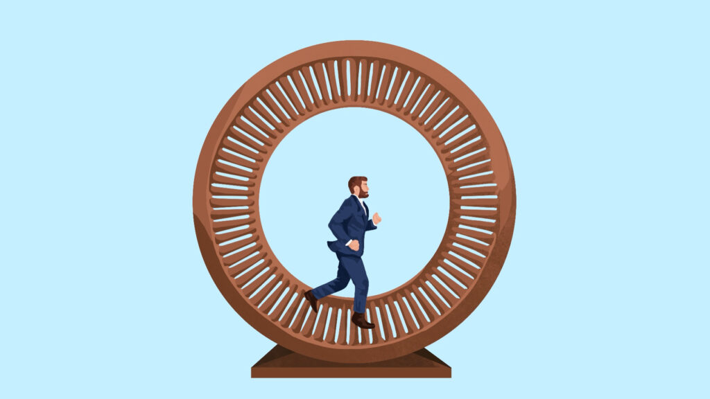 Graphic illustration of a man running on a hamster wheel