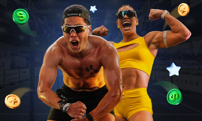 A fit man and woman flexing