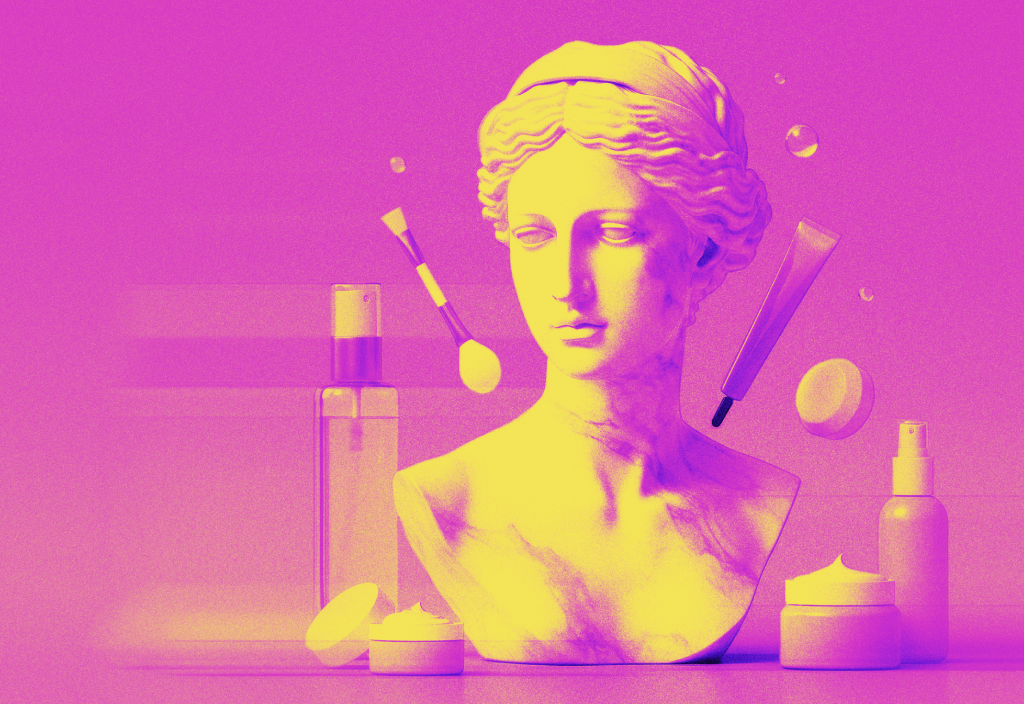 Graphic illustration of a female bust with beauty tools