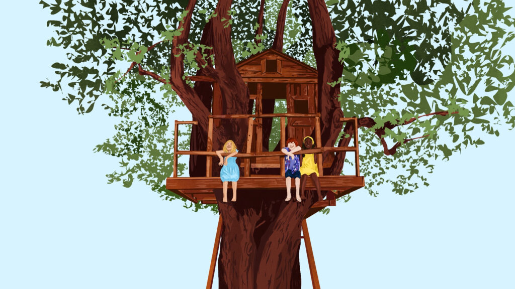 Graphic illustration of kids in a treehouse