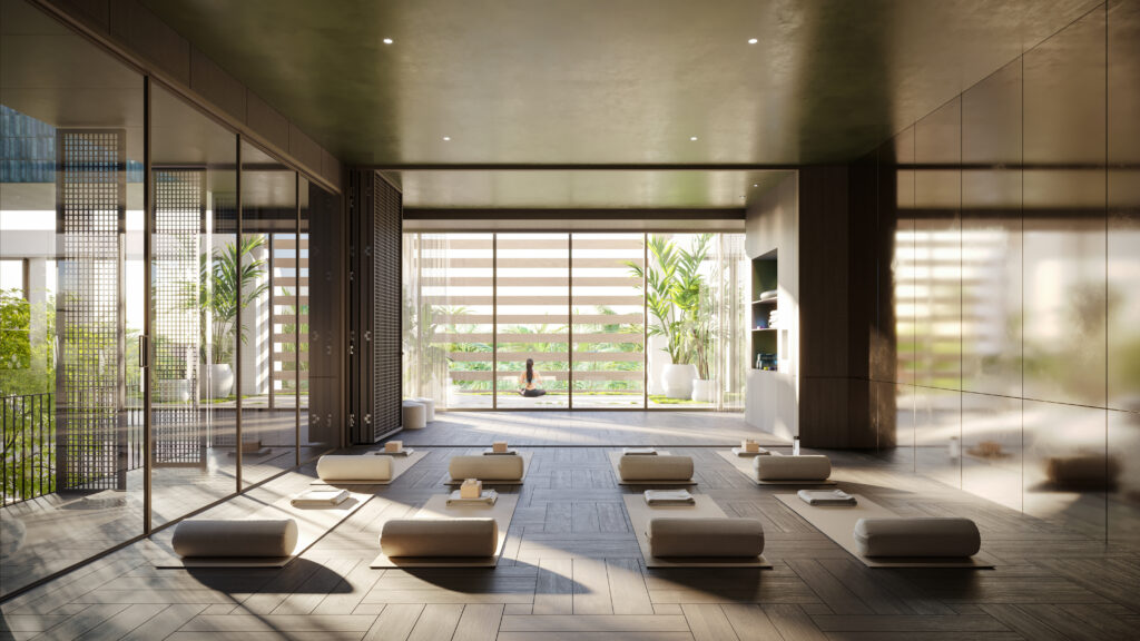 Rendering of yoga room at The WELL Miami