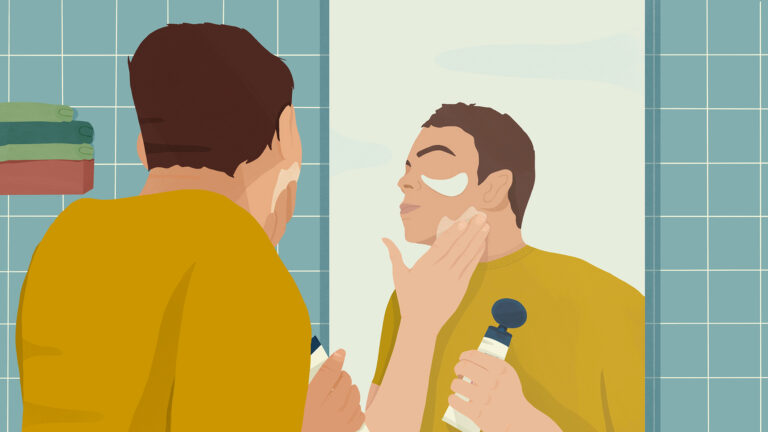 Graphic illustration of a man applying face cream in the mirror