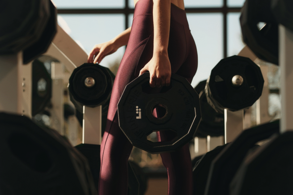 Woman holding a weighted Life Time plate